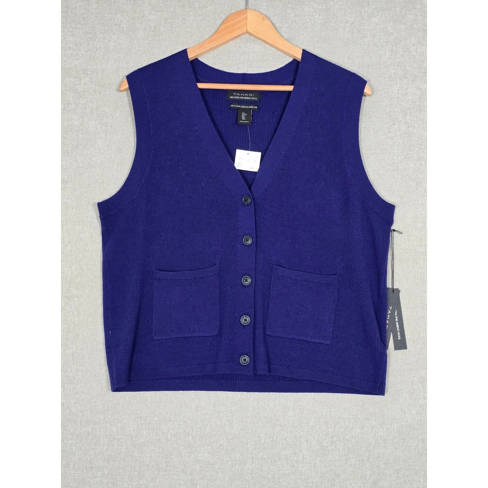NWT Tahari Women's Royal Purple 100% Extra Fine Merino Wool Vest L